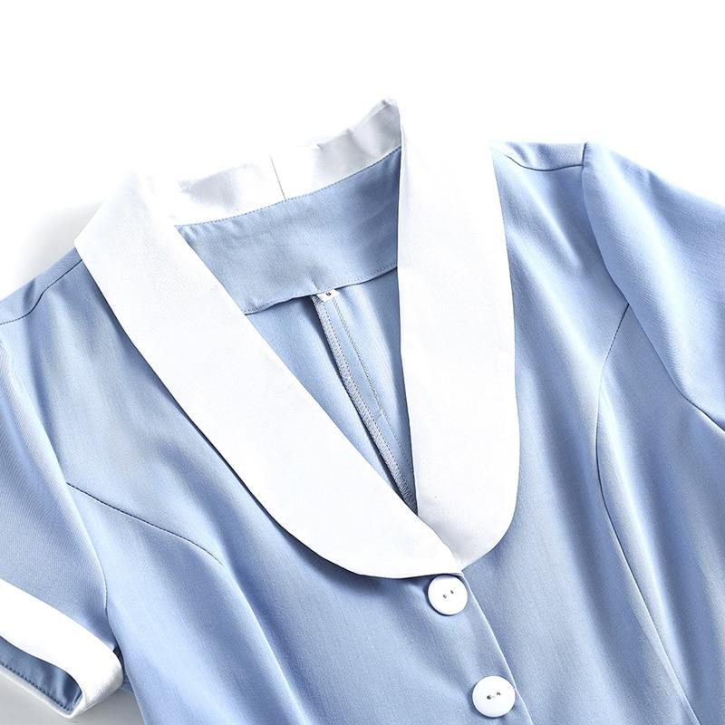 Light Blue Contrast Collar Button Up Short Sleeve Pockets High Waist Vintage Midi Swing Dress