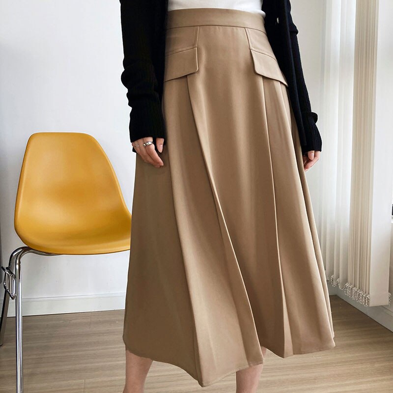 Autumn Women Vintage High Waist Elegant A-Line Solid Khaki Skirt Streetwear