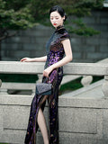 New Fashion Sequins Cheongsam Embroidered High-slit Formal Evening Dress For Women Short-Sleeve Long Cheongsam