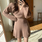 Winter Casual Sweater Dress Crossover V Neck Long Sleeve Knitted Short Mini Dress