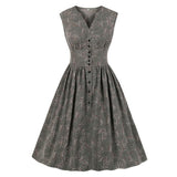 V-Neck Button Up High Waist Casual Summer Pleated Floral Sleeveless Fit and Flare Vintage Dress