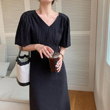 Fashion Women V-Neck Short Sleeve Elegant Casual A-line Dresses 2021 Summer Female Party Vestidos