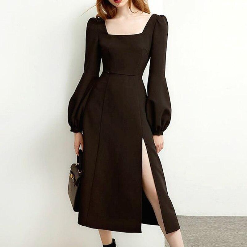 2021 Spring Women Black Retro Split Dress Elegant Midi Designer Dress Female Long Sleeve Hepburn Style Chiffon Vintage Dress