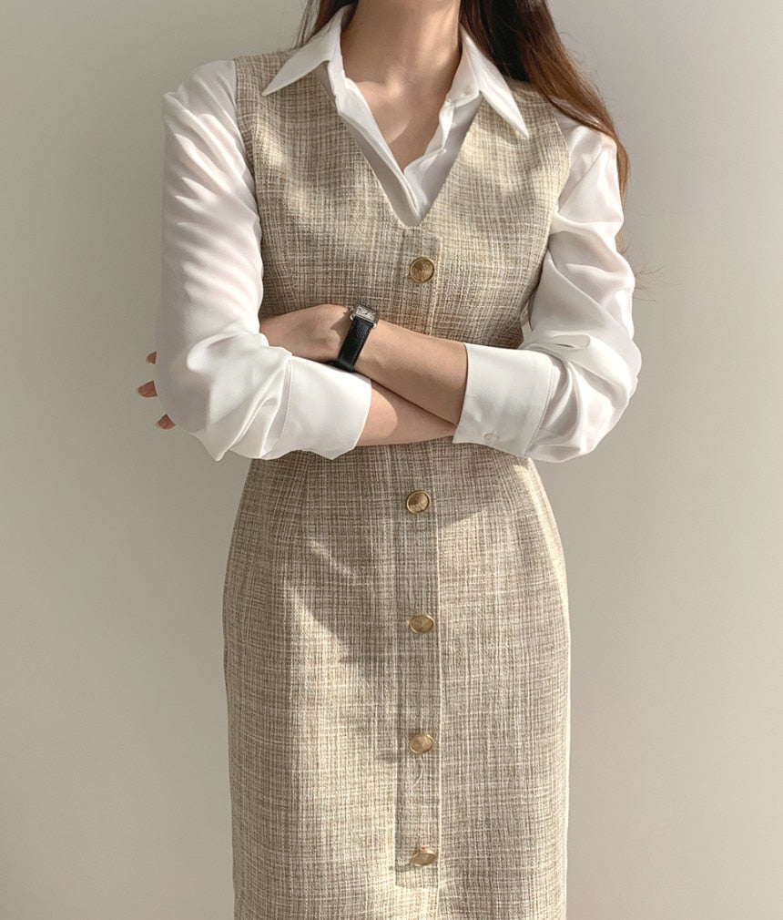 New Autumn Spring Women Elegant Plaid Tweed Office Ladies Sleeveless Vest Dress