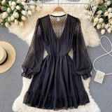 Ruffle Hem Chiffon Dress Spring Fall V Neck Long Sleeve Elastic Waist Casual Mini Dress