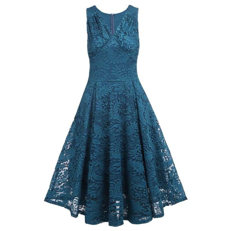 2021 Vestido De Festa V Neck Sleeveless Vintage Lace Blue Formal Party Dresses Vintage A Line Swing Women Formal Party Gowns