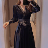 2021 Winter Velvet Midi Dress Women Bandage Design Long Sleeve Black Vintage Dress Korean Fashion Pure Color Dress Evening Party