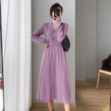 Women's Midi Knitting Dress Spring Autumn Female Slim V-Neck Lady Bottoming Pleated Sweater Dresses Vestidos