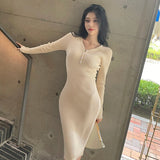 2021 Women Long Sleeve Knitted Buttons V-Neck Bodycon Dress Autumn Winter Fashion Party Slim Dress