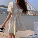 2021 Summer Kawaii Elegant Dress Women Sweet Bow Korean Princess Sexy Mini Fairy Dress Female Casual Puff Sleeve Party Dress