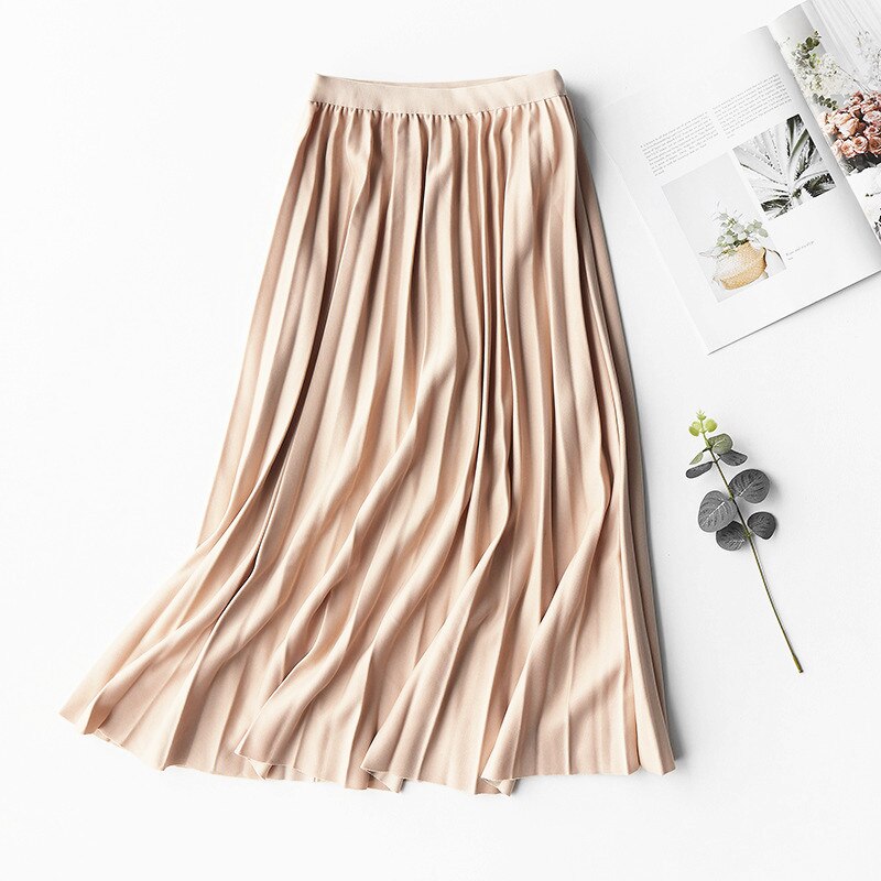 Women Elastic High Waist Slim Pleated A-Line Casual Solid Skirt Streetwear