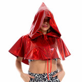 Shiny PU Leather Holographic Cape Unisex Cosplay Metallic Death Cape Short Hooded Rave Festival Cloak Hat Halloween Costume