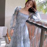 Summer Kawaii Floral Dress Women Elegant Patchwork Print  Sweet Dress Female Puff Sleeve French Party Midi Korean Dress 2021 New