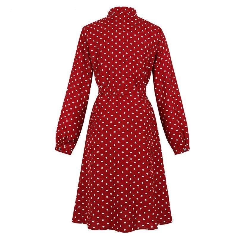 Single Breasted Casual Turn-Down Collar Red Shirt Polka Dot Belted Office Lady Long Sleeve Autumn Dress