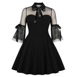 Sexy Little Black Mesh See Through Bowknot Half Sleeve Swing Party Dresses With Pockets