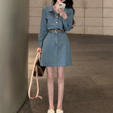 Autumn Vintage Sweet Denim Dress Women France High Waist Long Sleeve Elegant Mini Dress Spring Slim Party Casual Korean Clothes