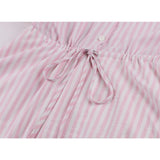 1950s Elegant Pink Striped Long Sleeve Drawstring Button Shirt Blouse Casual Dress