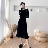 Women Spring Autumn 2021 O-Neck Knit Dress Female Ruffle Long Sleeve A-Line Midi Sweater Dress