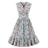 Floral Print Women Summer Sleeveless V Neck Button Up Ruffle Hem Holiday Party Vintage Dresses