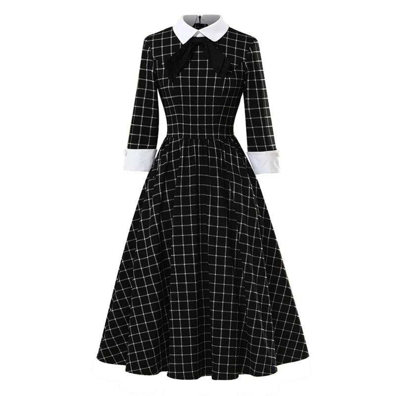 2021 Knot Neck Black and White Plaid Vintage Cotton Midi Dresses Women Elegant Party 3/4 Length Sleeve Spring Rockabilly Dress