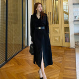 Women Chic Turn-Down Collar Solid Dresses Slim Waist Full Sleeve Autumn Female Dress Vintage A-Line Split Vestidos Femme