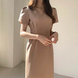 Women Summer Chic Korean Fashion Dress Office Lady Elegant Work Basic Wear Solid Dresses Vestidos