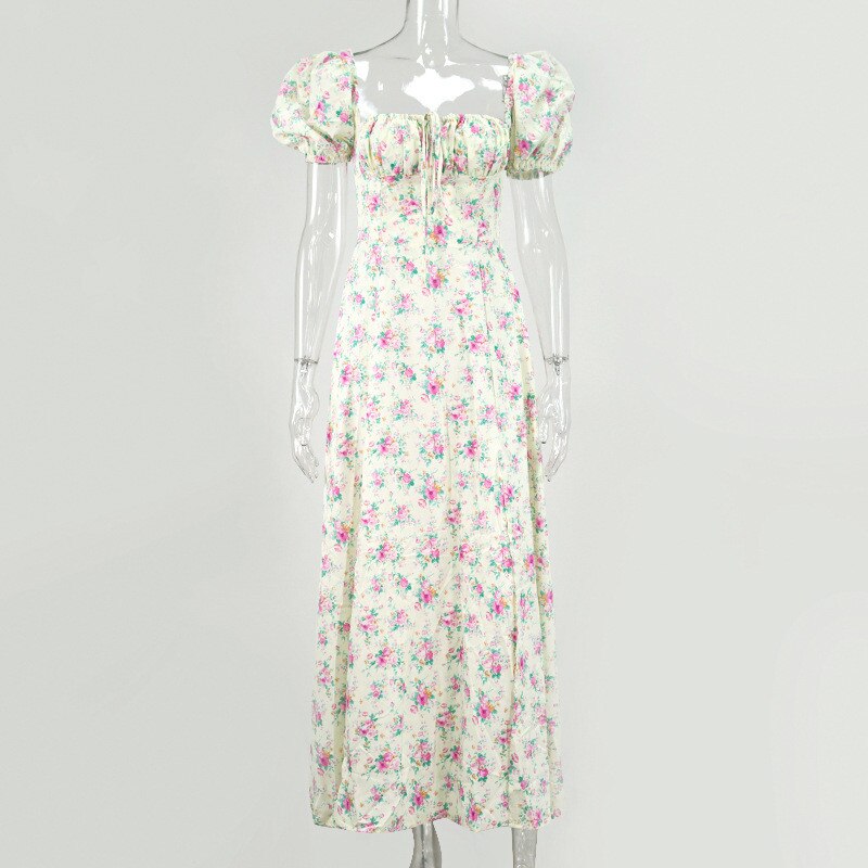 Floral Vintage Midi High Waist Short Puff Sleeve Side Slit Elegant Print Dress