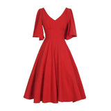 Retro Women Red Vintage 50s Dress Flare Sleeves Solid V-Neck High Waisted Zipper Large Swing Rockabilly A-Line Party Jurken