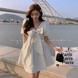 2021 Summer Kawaii Elegant Dress Women Sweet Bow Korean Princess Sexy Mini Fairy Dress Female Casual Puff Sleeve Party Dress