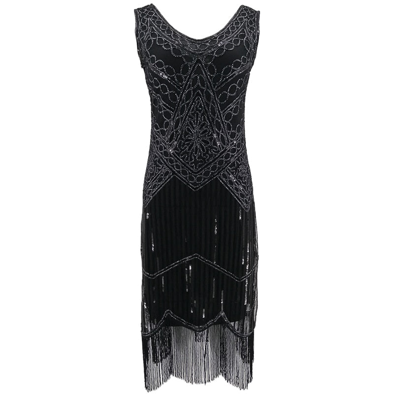 Women Party Dress Robe Charleston 1920s Great Gatsby Flapper Sequin Fringe Midi Vestido Summer Retro Black Dress
