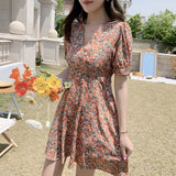 Women French Romance Puff Sleeve Dresses Casual Floral Print Dresses Boho Beach Mini Dresses