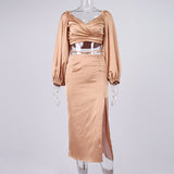 2pcs/set Silky Satin Wrap Crop Top Midi Skirts Side Slit Sexy Elegant Long Sleeve Outfits