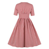 Red Plaid Vintage Retro Summer Short Sleeve Button Up Robe Pin Up Swing Elegant Women Casual Dresses