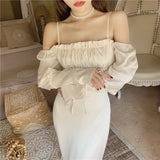 Autumn Sexy Silk Satin Spaghetti Straps Ruffles Midi Dress Club Elegant Women's Party White Dress