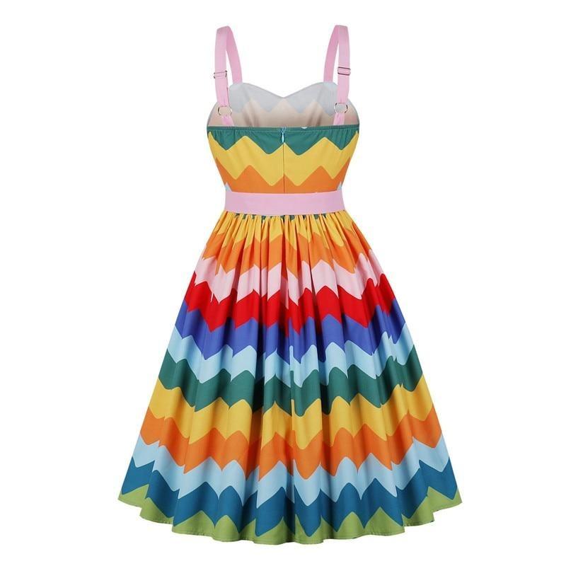 Multicolor Striped High Waist Vintage Pinup Girls 50s Pleated Spaghetti Strap Belted Dress