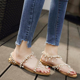 Fashion Rhinestone Women Ladies Bead Studded Detail Flat Sandals Peep Toe Casual Shoes