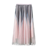 Women Summer A-Line Mesh Pleated Contrast Color Stretch High Waist Long Boho Skirt