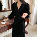 Women Elegant V-neck Velvet A-Line Dress Puff Sleeve Female Ankle-Length Dress Vestidos