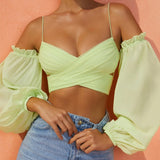 Long Sleeve Chiffon Cross Backless Sexy Ruched Mesh Summer Crop Tops