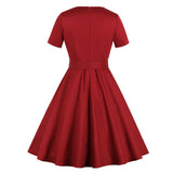 Women Vintage 50s 60s Retro Cotton Short Sleeve Robe Pin Up Swing Red Casual Dress With Pockets