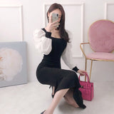 Spring Women New Elegant Square Collar Slim Knit Dresses Patchwork Puff Sleeve Korean Chic Long Sleeve Vestidos