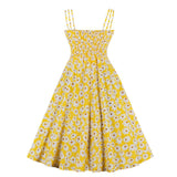 Yellow Floral Print Spaghetti Strap Bowknot Robe Pin Up Swing Retro Vintage Dress