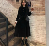 Velvet One Piece Dress Korean Fashion 2021 Winter Vintage Midi Dress Evening Paty Lace Design Long Sleeve Black Elegant Dress