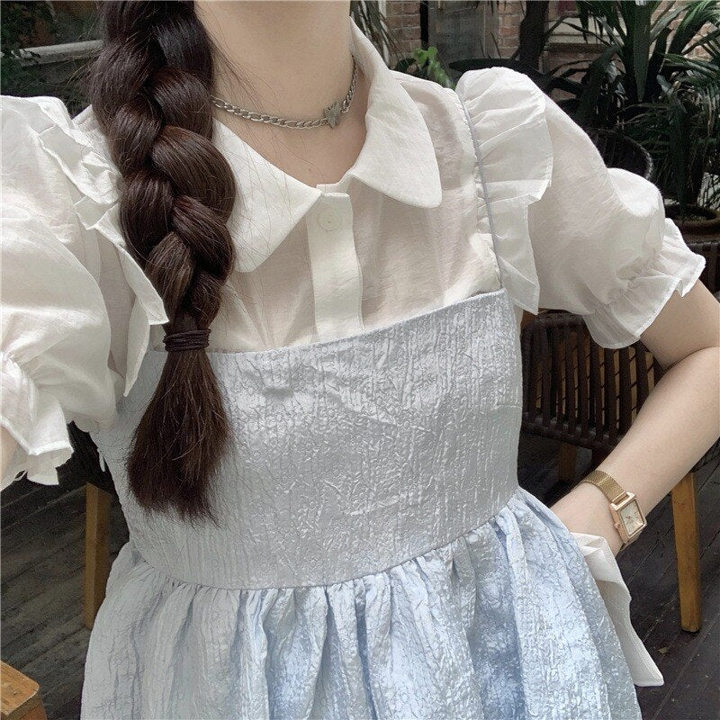 Japanese Kawaii Strap Dresses Women 2021 Blue Sweet Elegant Casual