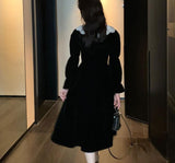 2021 Winter Party One Piece Dress Korean Fashion Black Velvet Dress Women Long Sleeve Retro Y2k Midi Dress Lady Elegant Chic