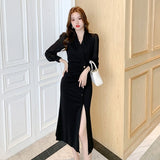 Women Elegant Office Dress V-Neck Buttons Long Sleeve Slim Dress Autumn Female Midi Vestidos