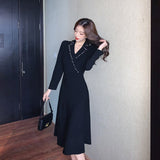 Women Elegant Notched Collar Sweater Suit Dress Long Sleeve Slim Waist Female A-Line Knitting Dress 2021 OL Vestidos