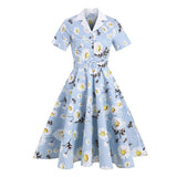 Notched Collar Daisy Elegant 1950s Vintage Belted Midi Short Sleeve Button Front Floral Swing Dress