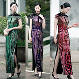 New Fashion Sequins Cheongsam Embroidered High-slit Formal Evening Dress For Women Short-Sleeve Long Cheongsam