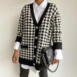 Women V Neck Black Houndstooth Cardigan Long Sleeve Knitted Loose Oversize Jumper Sweaters
